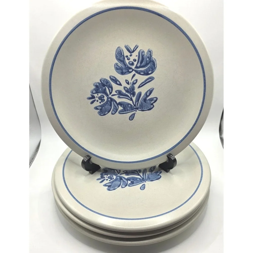 Vintage Stoneware Dinner Plates Blue Floral Hand Painted Set of 4 Farmhouse